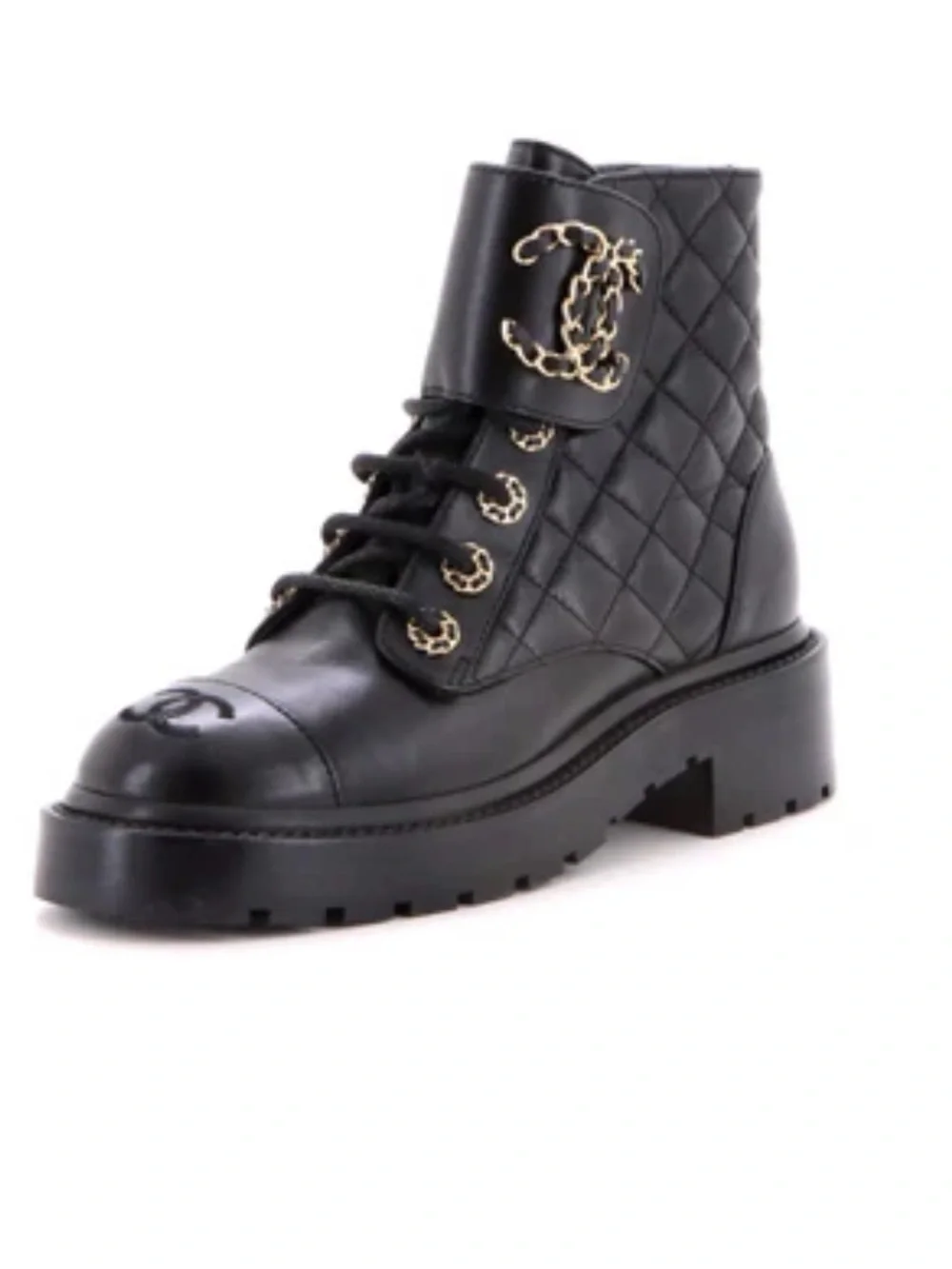 CHANEL Black Quilted Leather Lace-Up Ankle Boots with Chain CC Accent - Picture 2 of 7